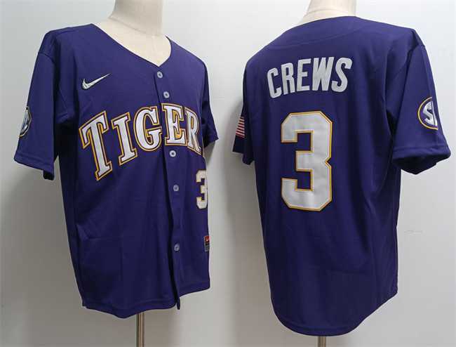 Men%27s LSU Tigers #3 ylan Crews Purple 2023 Stitched Baseball Jersey Dzhi
